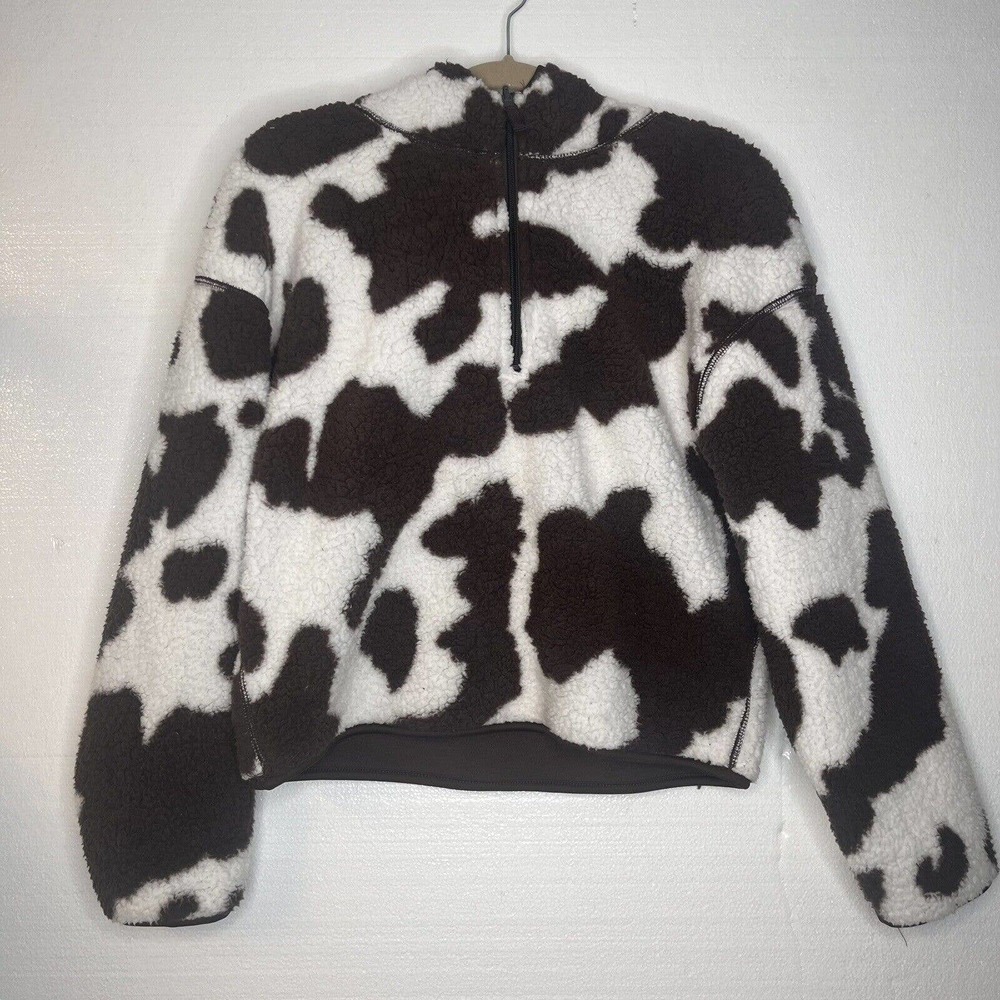 LA Grown Brown White Cowprint Sherpa 1/4 Zip Pullover Sweater size medium